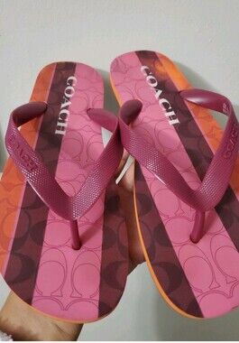 Coach Pink and Orange Striped Logo Flip Flops